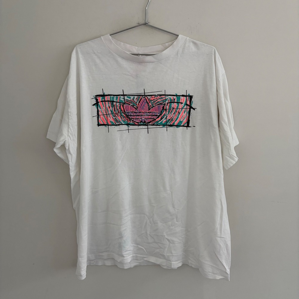 Vintage Adidas Trefoil Graphic T-Shirt White XL Made in USA 90s Sketch Art